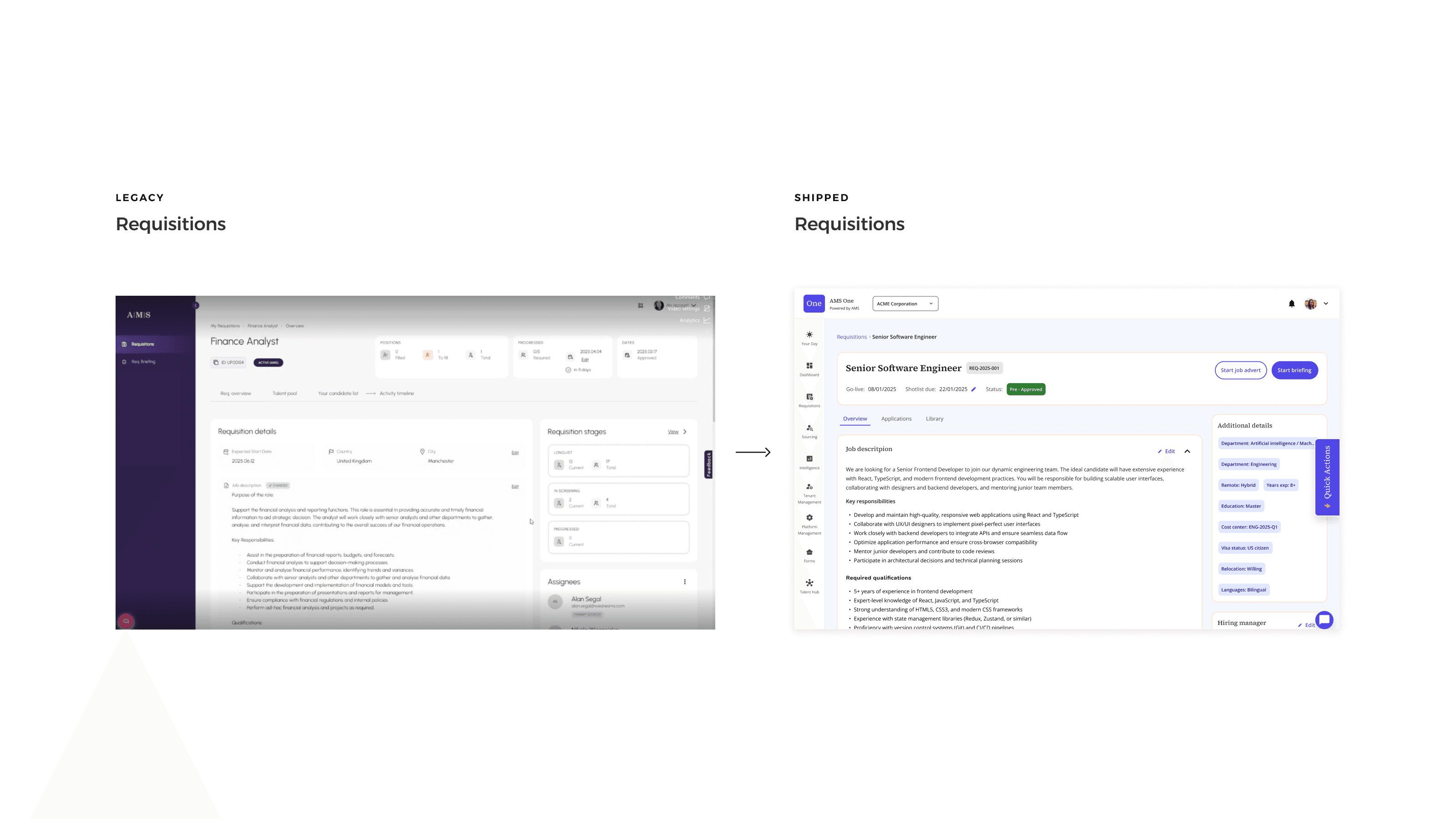 The native AMS One requisition workspace, listing candidate applications with stage, applied date and skills match.